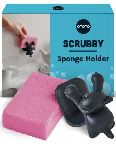 OTOTO Scrubby Schwammhalter für Küchenspüle, graue Katze, Küchenschwammhalter, spülmaschinenfest, rostfrei, 9,9 x 7,9 x 9,9 cm