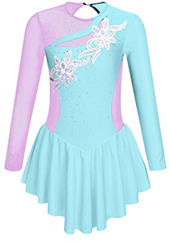 dPois Vestido Patinaje Artistico Niña Maillot Ballet Manga Larga Traje de Danza Princesa de Encaje Maillot Gimnasia Leotardo con Falda Disfraz Bailarina 5-14 Años Azul Claro J 5-6 años