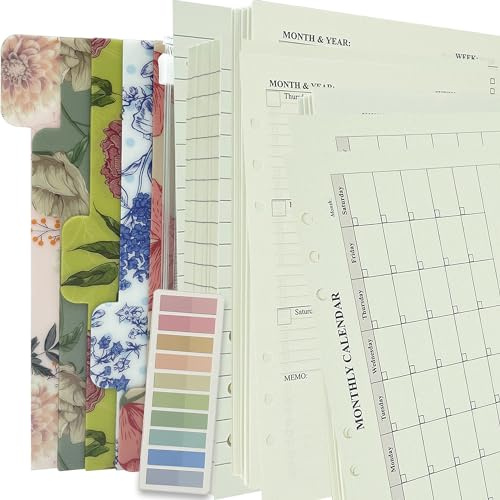 Metrubyone 90+54+14 A5 Refill Paper with Undated Monthly Weekly Calendar Planner Inserts, 6 Ring Loose Leaf Lined Filler Paper Refillable for Binder Planner Journal Agenda Notebook