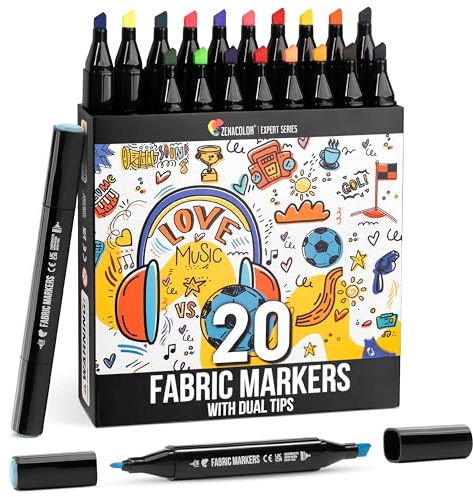 Zenacolor 20 Textilstifte Waschmaschinenfest mit Doppelspitze - Textilfarbe Waschmaschinenfest für personalisierte Kleidungsstücke - Für Kinder und Erwachsene