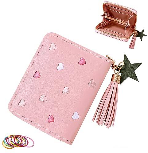 SwirlColor Kinder Portemonnaie mit Kartenhalter - PU Leder Geldbörse mit Quaste Reißverschluss für Teens Mädchen Frauen (Rosa)