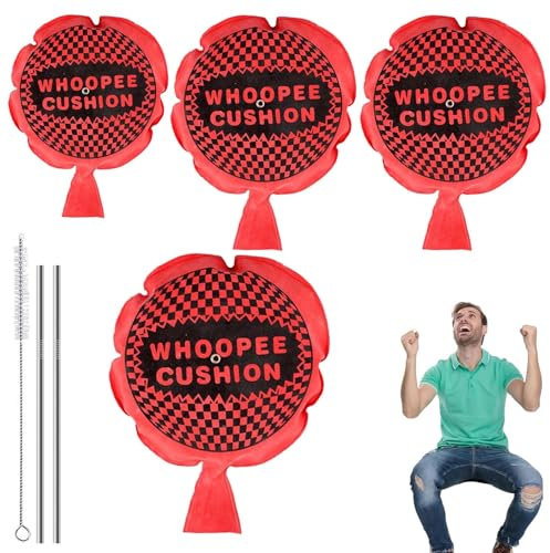 4 Stück Pupskissen,Furzkissen,Pupskissen Furzkissen Kinder,Cushion Lustigste Tricky Spielzeug,Cushion Pupskissen,Kommt mit 2 Edelstahl Strohhalmen,1 Reinigungsbürste,Geeignet für Kinder und Erwachsene
