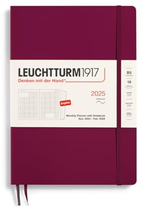 LEUCHTTURM1917 370708 - Agenda mensual y cuaderno 2025, composición B5, tapa blanda, 16 meses, a rayas, color rojo