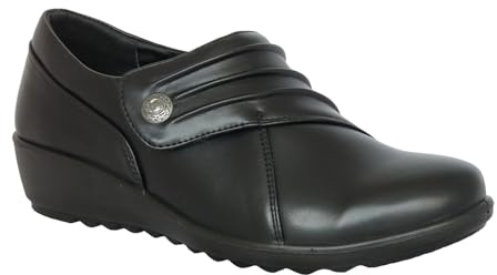 Cushion Walk Women's EEE Extra-Wide Fit Black Shoes, Ladies Lightweight, Faux Leather, Slip-On, Low Wedge Flats, Casual Work Office Comfort Shoe (Size 4 UK, Black)
