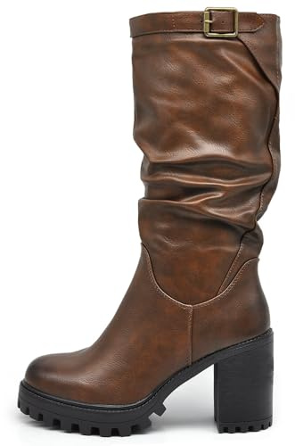 IF FASHION Stivali Arricciati Al Polpaccio da Donna In Pelle Sintetica Con Tacco Grosso Plateau Fibbia G693 brown N.40