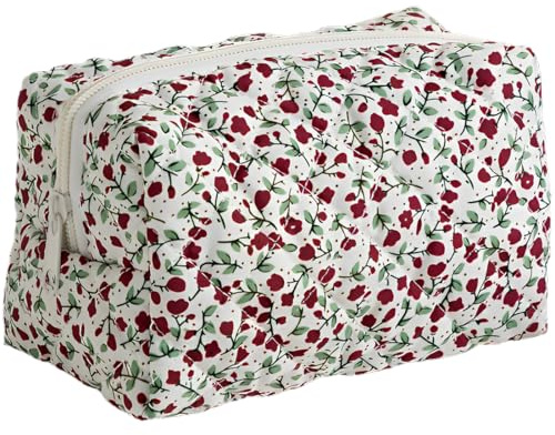 ZEPIQOR Trousse de maquillage matelassée de grande capacité trousse de toilette matelassée en coton doux motif floral pour pinceaux de maquillage et accessoires de beauté (rouge)