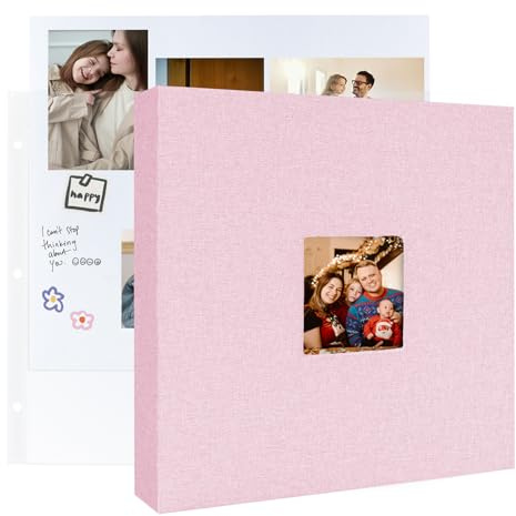 Grand album photo à 3 anneaux de 30,5 x 30,5 cm, couverture en lin avec 30 pochettes en plastique, 60 pages, 30,5 x 30,5 cm, pages blanches pour mariage, couple, bébé, voyage, femmes et enfants (rose)