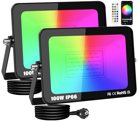 RIGIDON 2 x Foco LED Exterior RGB, 100W 10000LM foco inteligente LED con APP control, Proyector LED Cambio de Color Impermeable IP66 Luz de Inundación con Enchufe para Fiesta, Terraza, Jardin