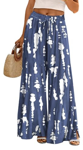 YESNO Wide Leg Trousers for Women Elastic High Waist Floral Casual Cotton Trousers Summer Boho Palazzo Lounge Pants S PP0UK CR147