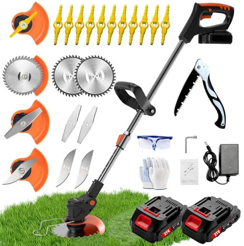 Hejunry Desbrozadora a batería, desbrozadora eléctrica con 3 tipos de cuchillas, cortabordes a batería con 2 baterías de 21 V 2000 mAh y cargador, longitud ajustable, apta para jardín