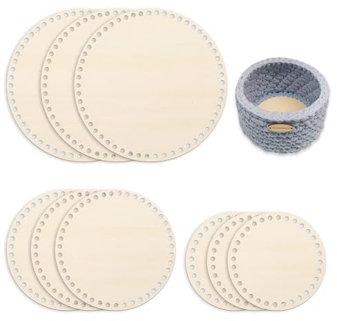 GIDWRIY 9 Piezas Base Madera Redonda Crochet 15/20/25 CM,Base para Hacer Macrame,Suelo para Hacer Ganchillo,Fondo de Cesta,Base de Mimbre para Tejer Trapillo,Fondo de Bolsos para Crochet para DIY