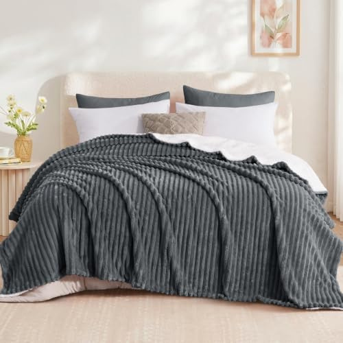 Aisbo Sherpa Fleece Throws for Sofas King Size - Bed Blanket,Dark Grey | Soft Cosy Winter Sofa Blankets Thick Warm Throws for Bed Room Decor Gifts for Women and Girls Lightweight Warmth 200x240cm