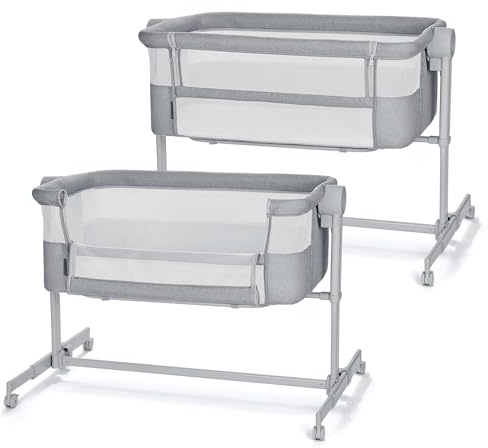 Kinderkraft Nestee UP 2 Cuna Colecho para Bebé con Colchón, Cuna de Cabecera, Fácil Ajuste de Cama de Padres, Ajuste de Altura, Buena Circulación de Aire, Ruedas transportarás, Gris