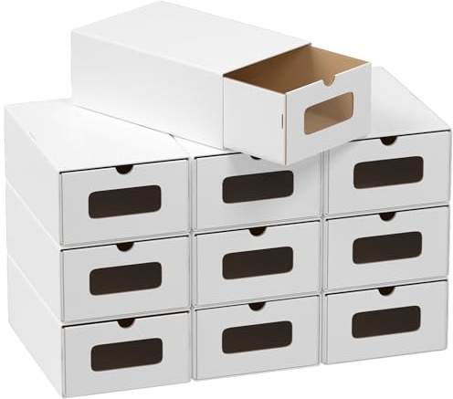 Peviasot 35 × 23 × 13 cm – 30 x portascarpe bianco puro con finestra – Scatola pieghevole per scarpe in carta kraft impilabile, scatola di cartone per dimensioni fino a 45