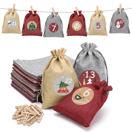 24 Pcs Christmas Advent Calendar Bags to Fill, 2026 Countdown Burlap Bags | 24 Days Empty Advent Calendar Bags with Hemp Rope & Clips (Red, Khaki, Gray)
