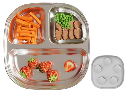 GkgWuxf Platos para bebé, cuencos divididos, platos de bebé con función de succión | vajilla antideslizante de acero inoxidable para niños, cubiertos para alimentación infantil, para viajes, guardería