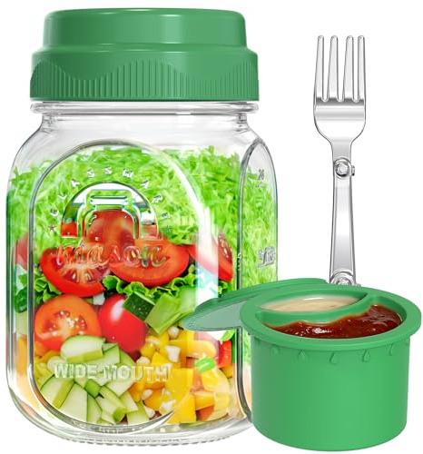 [UPGRADE] 1 Pack Glass Salad Pod with Silicone Divider Container for Lunch Meal Prep, Leakproof Salad Jar with Lid & Fork, Separation Divider for Dressing Sauces & Dry Ingredients, 32 oz Mason Jar