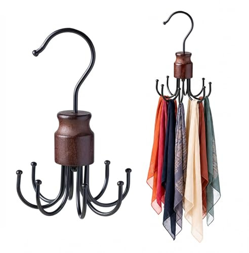 Nivofu Lot de 2 Cintre Ceinture en Bois Vintage, Organisateur Placard avec 8 Crochets Rotatif 360, Porte Ceinture Gain de Place pour Rangement Cravate et Foulard, Support Accessoire 14x11cm