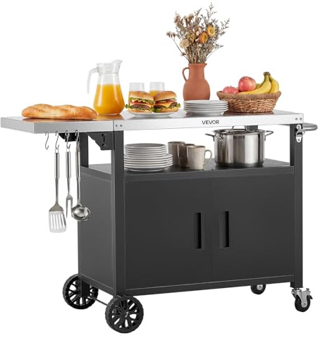 VEVOR Mesa de Barbacoa 1241 x 445 x 818 mm Tablero de Acero Inoxidable, Carrito de Cocina con Ruedas, con Armario de Almacenamiento, con Abridor de Botellas, para Jardín, Bar, Zona de Barbacoa
