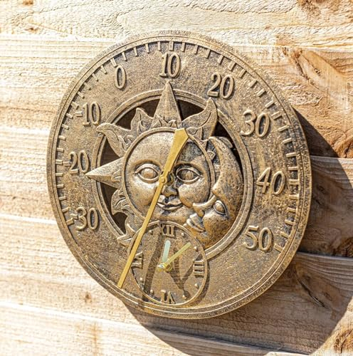 garden mile® Wanduhr Vintage Sonne und Mond Bronzeeffekt - Gartenuhr batteriebetrieben Wasserdicht Wetterfest - Dekorative Uhr für Innen oder Außen für