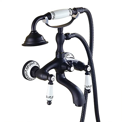 Badewannenarmatur Mit Handbrause - Wannenarmatur, Inkl Brausehalter Und 1,5M Duschschlauch, Stilvolle Schwarz Badewanne Wasserhahn - Dusche Set, Zweigriff -Wannenbatterie, Messing, Retro-Stil