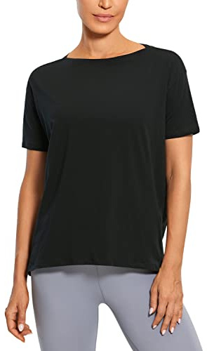 CRZ YOGA Camicia a Maniche Corte in Cotone Pima da Donna, vestibilità Ampia, da Allenamento Nero 48
