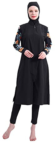 ABEUTY Dam baddräkt för damer muslimsk hel kostym plus size långärmad burkini-tryck avtagbar hijab heltäckande blygsamma badkläder, Svart, L