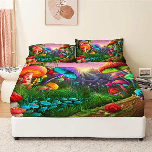 Modello Colorato di Funghi Psichedelici Lenzuolo con Angoli 120x200cm + 2 Federe Morbida Biancheria da Letto in Microfibra Spazzolata Lenzuolo con Angoli Tasca Profonda 30 cm, per Bambini Adulti