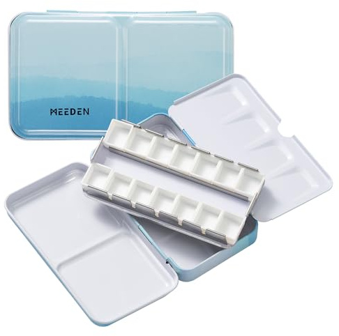MEEDEN Scatola di Colori Acquerello Vuoto: Scatola di Inchiostro Da Viaggio con 14 Mezze Pentole - Scatola Portatile Di Tavolozza Di Colore Bagnato In Metallo Per Acquerello A Guazzo Studenti-Blu