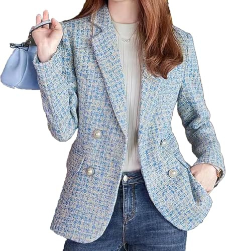 Blazer da Donna in Tweed Moda Girocollo Classico Doppio Petto Abbottonatura Ufficio Business Casual Blazer Manica Lunga Cappotto Sottile (Blu,XXL)
