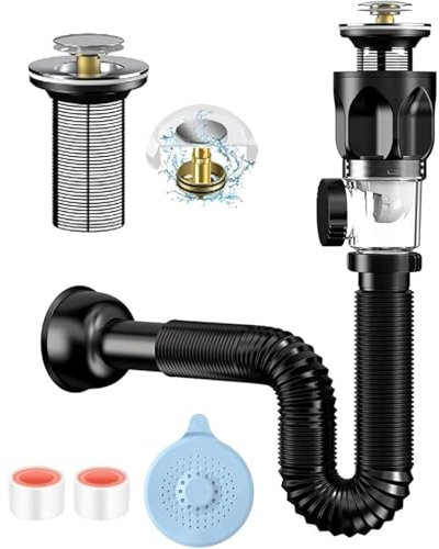 RODISHOMM Siphon Abflussrohr-Kit für Waschbecken, Geruchsdichte Ablaufgarnitur mit Einziehbarem Flexiblem Abflussrohr und Pop-up Abflussstopfen für Badezimmer