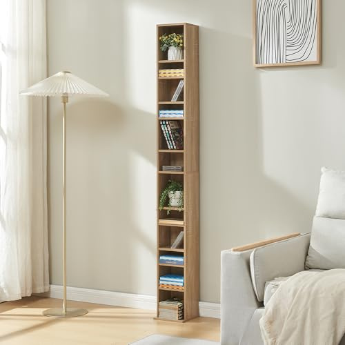 [en.casa] Estantería para CDs Tynset Soporte para DVDs Recuerdos Librería con 12 Compartimientos Estantes Ajustables en Altura Aglomerado 175 x 20 x 20 cm - Efecto Roble Sonoma