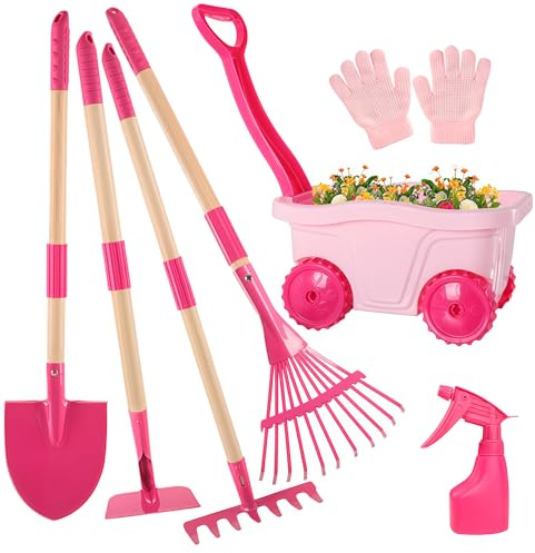 Duckura Juego de herramientas de jardinería para niños, juego de 7 carretillas para niños con pala, rastrillo, rastrillo de hojas, juguetes de verano para excavar malas hierbas, regalos de cumpleaños
