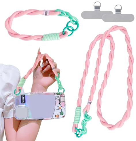 Bztzhm 2 cadenas para teléfono móvil, universales, colores de contraste, trenzadas y pulseras, con 4 soportes de cordón de acero inoxidable para padres, vacaciones, al aire libre, viajes