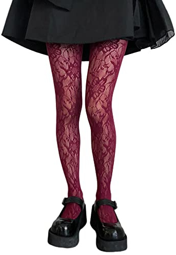 ZYMIADOU Kvinnor japanska strumpbyxor gotisk preppy flerfärgad blommig spets mönstrad tunna nätstrumpbyxor botten strumpbyxor tights tights, Lila, one size