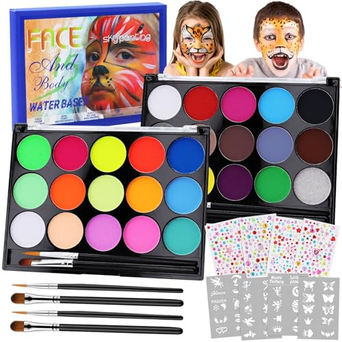 Kinderschminken Set, 30 Farben Kinderschminke Waschbar Kinder Schminke Set für Faschingsschminke Kinder Theaterschminke für Halloween Karneval mit 46 Kinderschminken Schablonen, Strasssteine, Pinsel