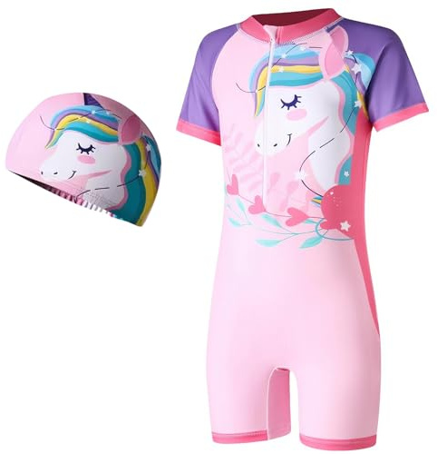 ADUDVLO Girls Swimming Costume with Front Zipper & Swim Cap – Cartoon One Piece Bathing Suit for Kids Ages 4–10, Quick Dry & Stretchy Swimwear (UK, Age, 9 Years, 10 Years, Regular, Pink)