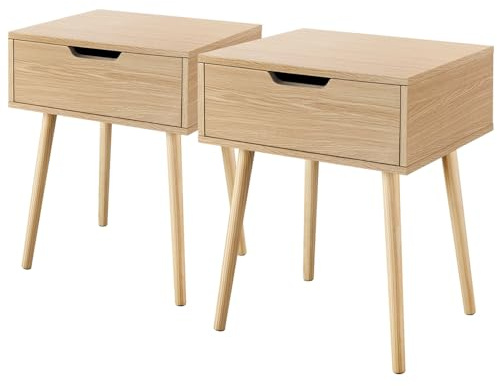 Yaheetech Uppsättning av 2 nattduksbord, sidobord, nattduksbord med förvaringslåda, träben, soffbord, nattduksbord, resårsäng nattduksbord för sovrum/vardagsrum, ljusbrun