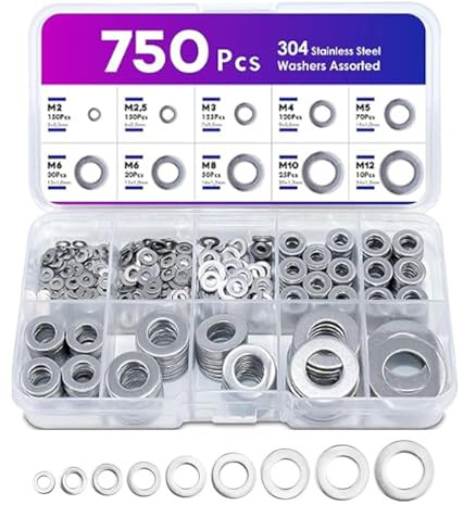 750 PCS Stainless Steel Washers, 9 Sizes (M2, M2.5, M3, M4, M5, M6, M8, M10, M12) Assorted Flat Metal Washers for Repair, DIY Projects and Automotive