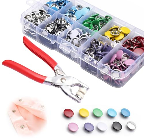 Press Studs Snap Fasteners 100 Sets No Sew Kit with Pliers for Clothing Bags and DIY Crafts, Metal Snap Fastener Kit with Snap Fastener Tool, 9.5mm Poppers Fasteners for Fabric and Leather