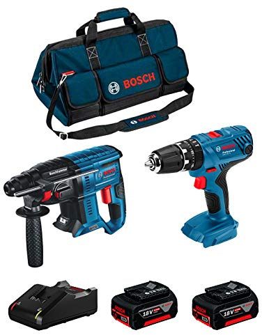 BOSCH Kit 18V BK206BAG (Martello Perforatore GBH 18V-21 + Trapano a Percussione GSB 18V-21 + 2 Batterie di 4,0 Ah + Caricabatterie + Borsa)