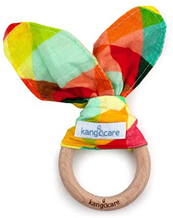Kanga Care Baby Soft Muslin Sensory Crinkle Bunny Ear Wood Teething Ring - Finn Geometric