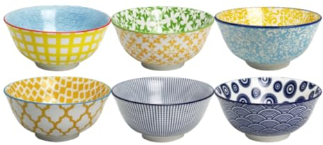 Artime - Lot de 6 Bols Médiums, bols à Céréales, à Soupe, Bols en Porcelaine avec Imprimés Colorés, Vaisselle Elégante, Contenance 550ml, Adapté Lave-Vaiselle et Micro-onde, Collection SABAE