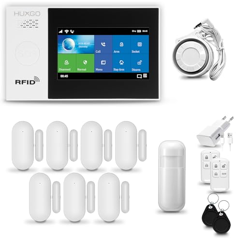 HUXGO® HXA007 Funk Alarmanlage Set WiFi + GSM mit Sirene | Alarm System mit Bewegungsmelder, 7X Tür- Fenstersensor, Fernbedienung | Wohnmobil Alarmanlage | Smart Home Security