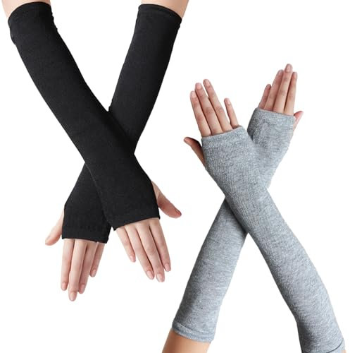 Lufdegim Lot de 2 paires de manchons longs pour l'hiver - En tricot chaud - Avec trou pour les pouces - Gants d'hiver tricotés - Longueur : mitaines - Pour femme, Noir/gris, 33