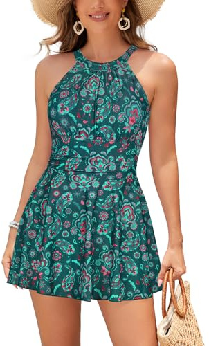 SHEKINI Women's High Neck One Piece Swimdress Ruched Tummy Control Swimsuit | Elegant High Waist, Beach Swimwear with Adjustable Straps, Modest Bathing Suit with Removable Pads, with Built-in Boyshort
