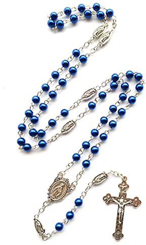 Xinsheinelry Perles Chapelet en Vitre en Collier Chapelet CATHOLIQUE avec MÉDAILLES 6 Mm Bleu Perle Bijoux Catolite Présente