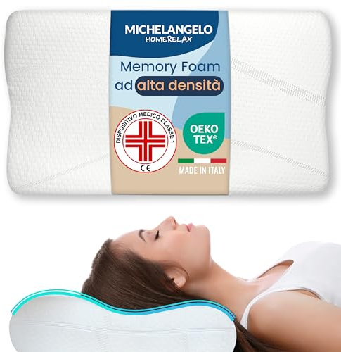 Michelangelo HomeRelax - 1 Cuscino Cervicale PREMIUM in Memory Foam Per Dormire Made in Italy DISPOSITIVO MEDICO Ortopedico Ergonomico Anallergico Traspirante