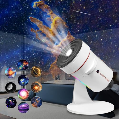 Galaxy projektor, Ultra HD Realistisk Planetarium-projektor med 10 Filmskivor, Avstängningskontroller och 8-färgs Nattlampa, 360° Roterbar Superbred Taktäckning för Rumsinredning