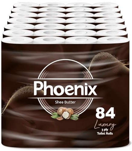 Phoenix Toilet Rolls – 84 Pack | 3 Ply Shea Butter Scented Toilet Paper | Bulk Buy, Soft, Quilted, Sustainably Sourced, Eco- Friendly Luxury Bathroom Tissue
